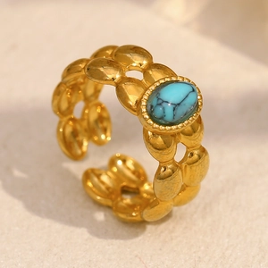 Bohemian style double-layer 18K gold plated stainless steel ring with turquoise stone