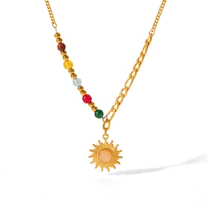 Asymmetric gold sun pendant necklace with natural colorful stone beads and rose quartz
