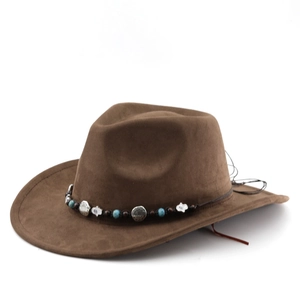 Chapeau de cowboy western marron en suédine avec ceinture décorative en perles turquoise