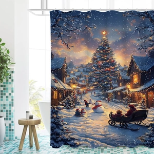 Détail du rideau de douche de Noël avec motif de scène nocturne de ville hivernale