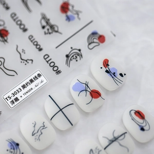 Minimalist nail art stickers with embossed black lines and colorful geometric shapes