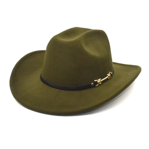 Macro shot of olive green wool fedora hat featuring brown leather band and metal buckle detail