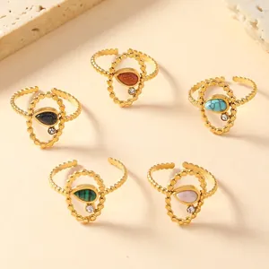 Bohemian Waterdrop Malachite Inlaid Zircon Open Adjustable Ring Vintage Stainless Steel Jewelry For Women