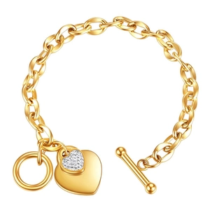 Gold double heart charm bracelet with sparkling rhinestones and a stylish OT clasp