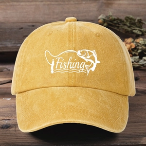 Vintage yellow washed canvas baseball cap featuring white Fishing text and fish embroidery