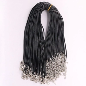 Bulk pack of black wax cord necklaces with silver lobster clasps on white background