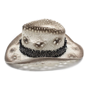 Handcrafted woven western cowboy straw hat with vintage gradient and breathable hollow mesh