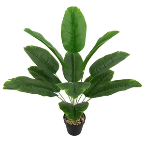 Detail of 18-head artificial bird of paradise plant with green leaves in a black pot