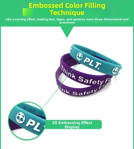 Detail of custom 3D debossed silicone wristbands with panda logo and colorful patterns