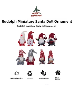 Close-up of 8 assorted Christmas gnome plush toys with heart and snowflake patterns