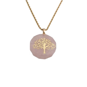 Pink crystal tree of life pendant necklace with golden twisted rope chain for women