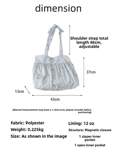 Detailed size chart for plaid tote bag with adjustable bow straps and inner pockets