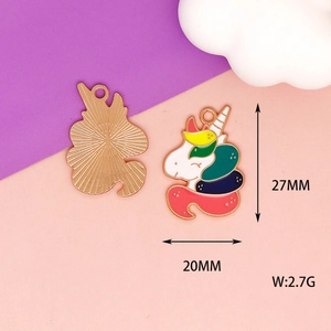 Detailed size view of enamel unicorn charm with 27mm height and 20mm width dimensions