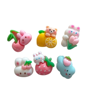 Set of 6 cute resin animal accessories featuring bunny with cherry and bear with orange