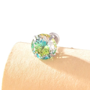 8mm round green-yellow gradient zircon stud earring with four-claw silver titanium steel base