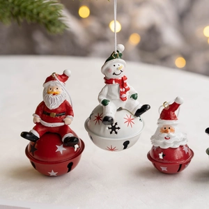 Christmas Hanging Bell Ornaments Resin Santa Snowman Reindeer Figurine Metal Star Cutout Bells Holiday Tree Decor