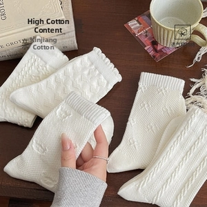 Detail of white cotton crew socks with 3D embossed bear and floral knit textures