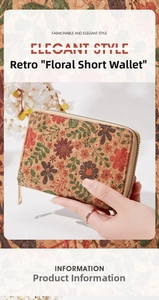 Close-up of vintage floral print wallet with wood texture finish and gold zipper detail