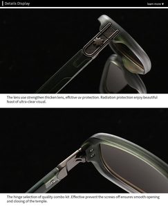 Detail of dark green lenses and durable metal hinges on pilot square sunglasses