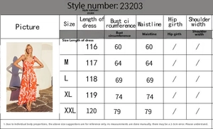 Detailed size chart for the sleeveless printed summer maxi dress with length and bust data