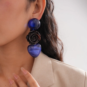 Boucles D'oreilles Pendantes Fleur De Rose Coeur Résine Bleue Transparente Bijoux Fantaisie Avec Tige En Argent Pour Femme