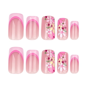 Pink French tip and floral pattern square press on nails set with glossy finish