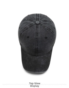 Top view of a vintage charcoal gray washed cotton baseball cap with twill texture