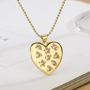 Gold plated heart pendant necklace with zircon snowflakes on beaded chain for women