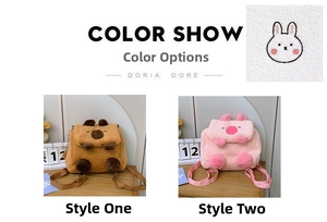 Detail view of plush Capybara and pink rabbit mini bags with adjustable straps
