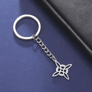 Detail of 304 stainless steel keychain showing geometric hollow pattern on a blue background