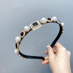Baroque Headband With Alloy Faux Artificial Pearl And Black Rhinestones Retro Luxury Hair Accessories For Women