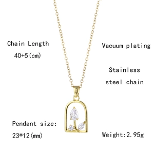 Detail view of pear-shaped gemstone pendant with dimensions and stainless steel chain info