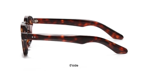 Side view of tortoise shell sunglasses with silver rivet details and thick frames