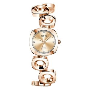 Elegant rose gold quartz watch for women featuring unique geometric chain link bracelet