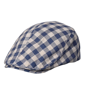 Béret plat à carreaux bleus et beiges en mélange de lin respirant style vintage