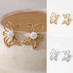 Boucles Oreilles Fleur Papillon Creuses Acier Inoxydable 304 Plaqué Or Imitation Künstliche Perle Élégant Mode Femmes