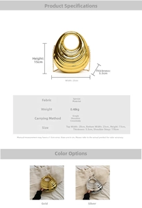Detailed size chart and specifications for wavy metallic clutch bag with gold and silver options