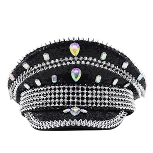 Black sequin captain hat with silver punk spikes and colorful rhinestone embellishments