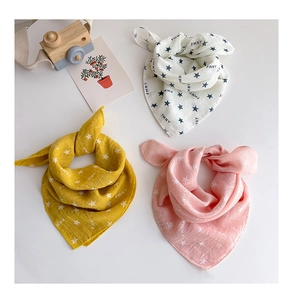 Soft cotton muslin baby triangle bibs with star patterns in yellow, white and pink colors