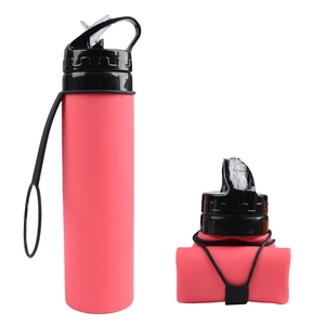 Collapsible 600ml silicone sports bottle shown in folded and expanded forms in rose red