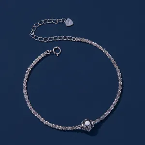 Sparkling S925 sterling silver chain bracelet with geometric bead and heart tag charm