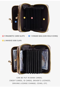 Detail view of mini wallet showing 9 card slots and accordion internal structure