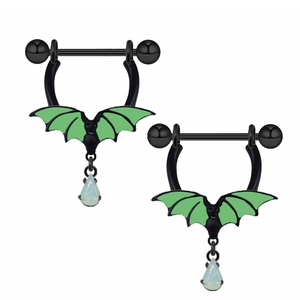 Detail of black bat nipple rings with green wings and white teardrop pendants