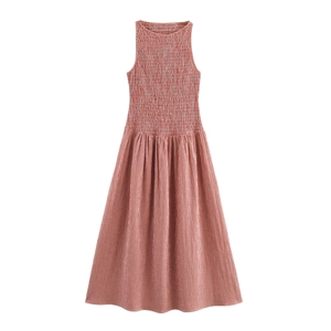 Plaid Sleeveless Maxi Dress Polyester Smocked High Waist Sweet A-Line Long Gown Women Summer