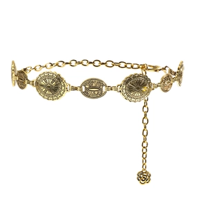 Vintage gold metal waist chain with embossed bohemian floral discs for dresses