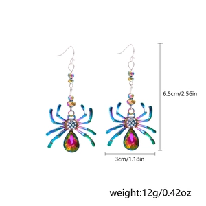 Detailed view of colorful spider earrings with rhinestones and size specifications