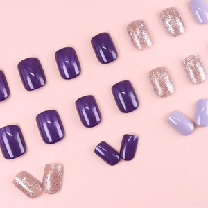 Short square fairy purple press-on nails with lavender and rose gold glitter sequins