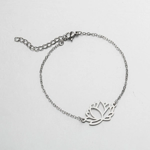 Polished stainless steel lotus charm bracelet with adjustable chain and lobster clasp