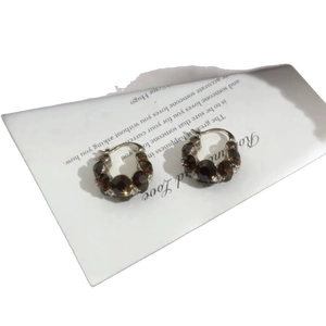 18K gold plated round huggie hoop earrings with smoky brown crystals for women