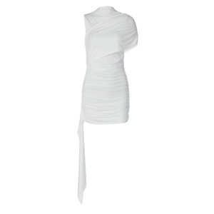 Detail of white draped mini dress featuring side streamers and textured ruching fabric